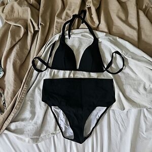 Pain de Sucre black triangle bikini top and high waisted bottoms
